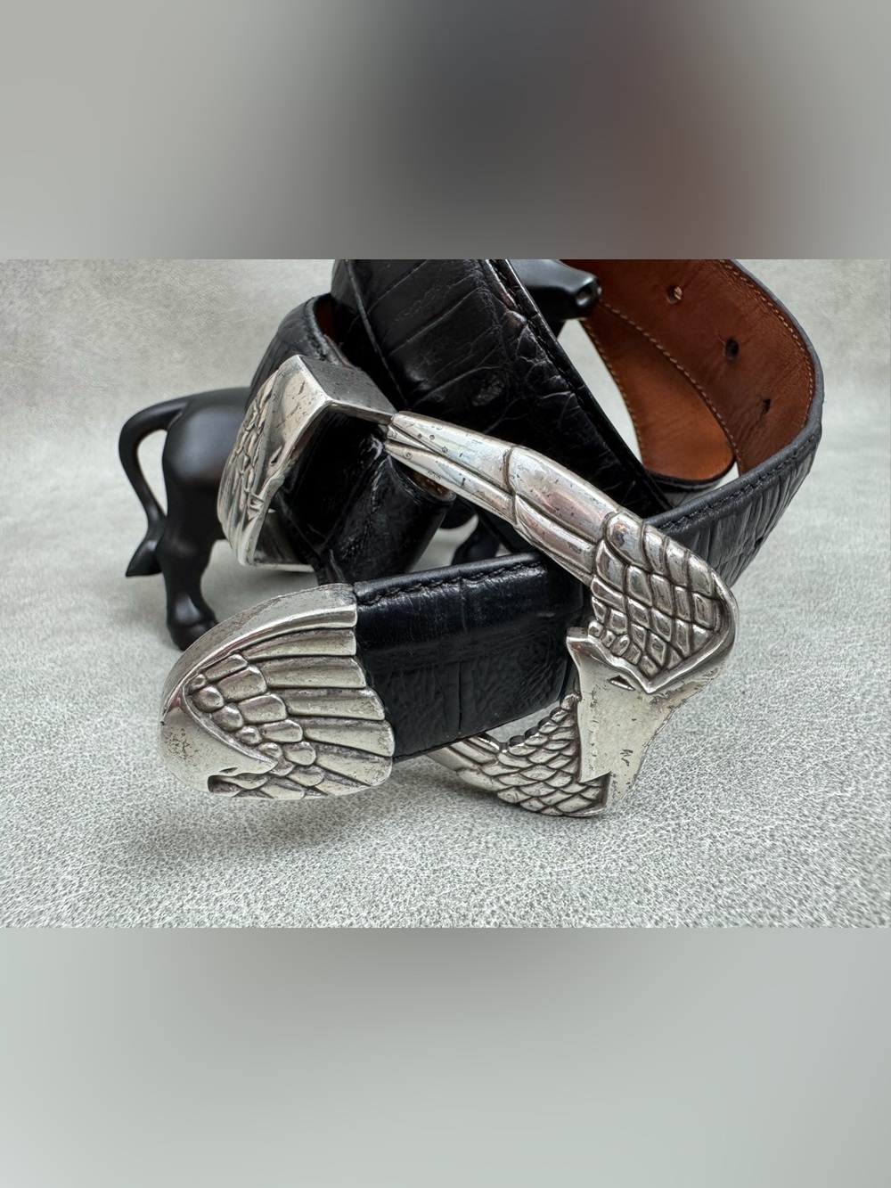 Raymond Black Leather Belt with Silver Eagle Buckle